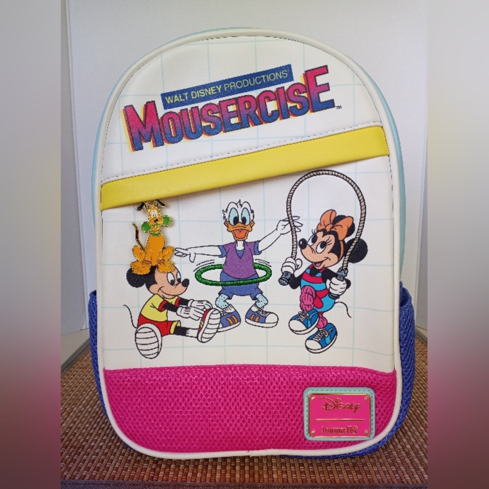 Disney Loungefly Mousercise Backpack with Pink, Yellow, and Blue Accents